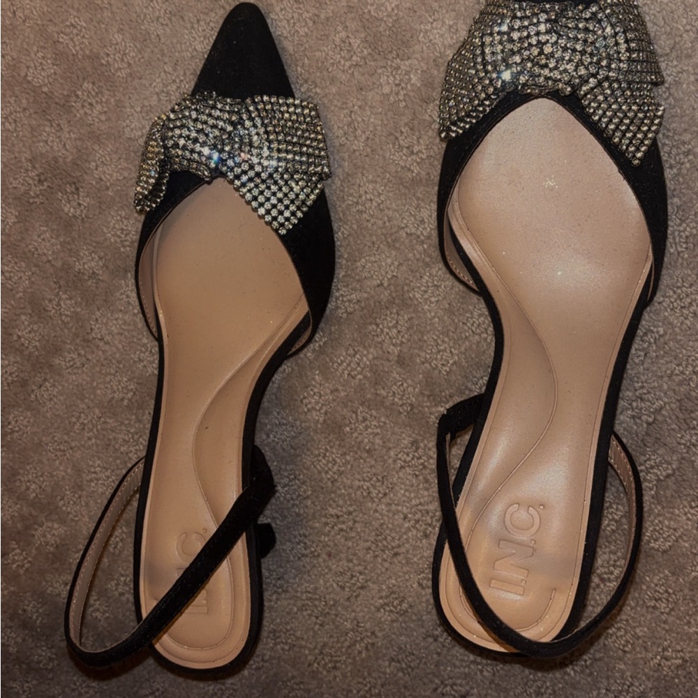 INC International Concepts Women's Black Slingback Heels with Rhinestone Bow